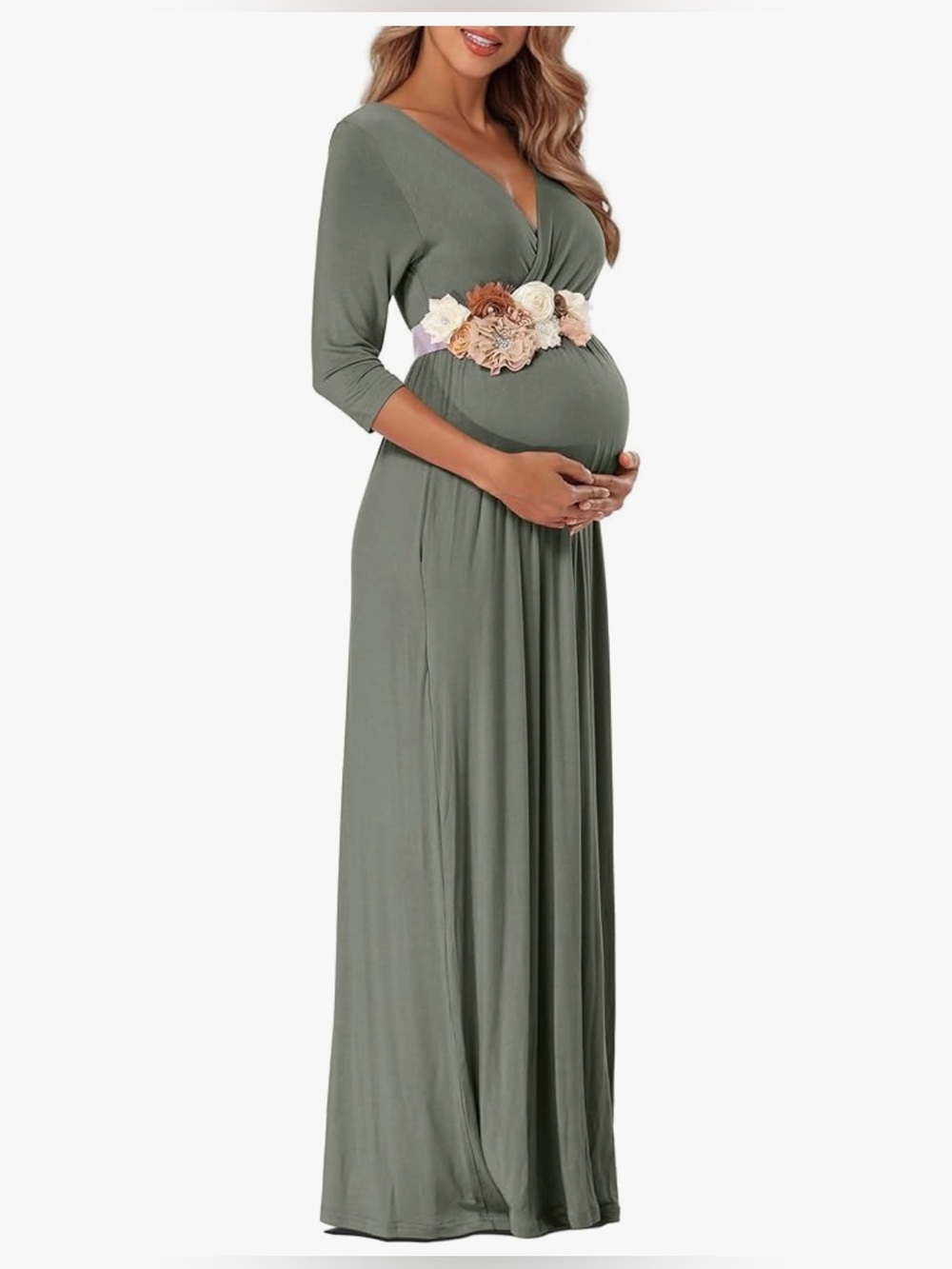 Olive V-Neck Maternity Maxi Dress with Floral Sash
